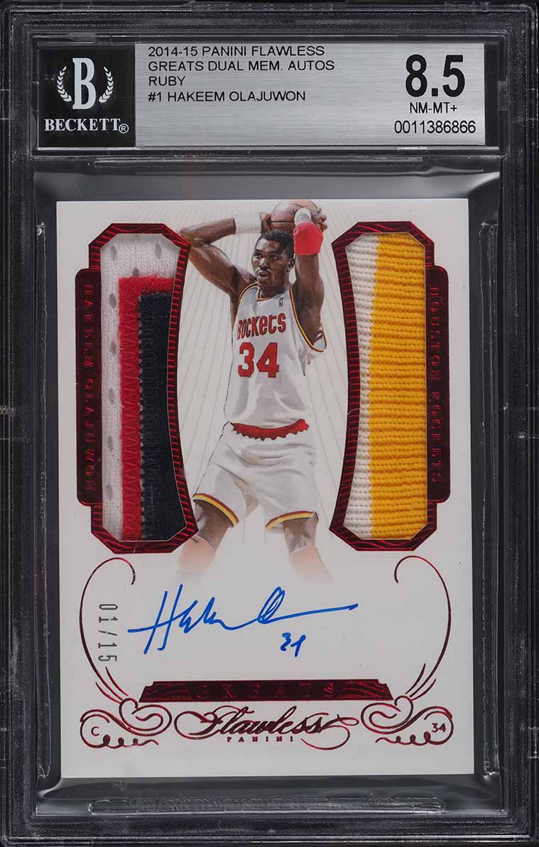 2014 Panini Flawless Greats Ruby Hakeem Olajuwon PATCH AUTO 1/15 BGS 8.5 NM-MT+