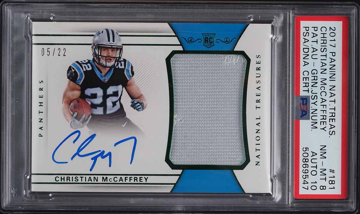 2017 National Treasures Christian McCaffrey RC PATCH PSA/DNA 10 AUTO /22 PSA 8
