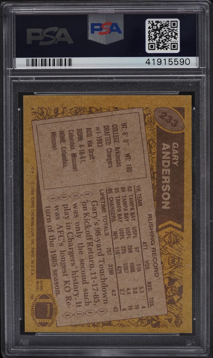 1986 Topps Football Gary Anderson #233 PSA 8 NM-MT