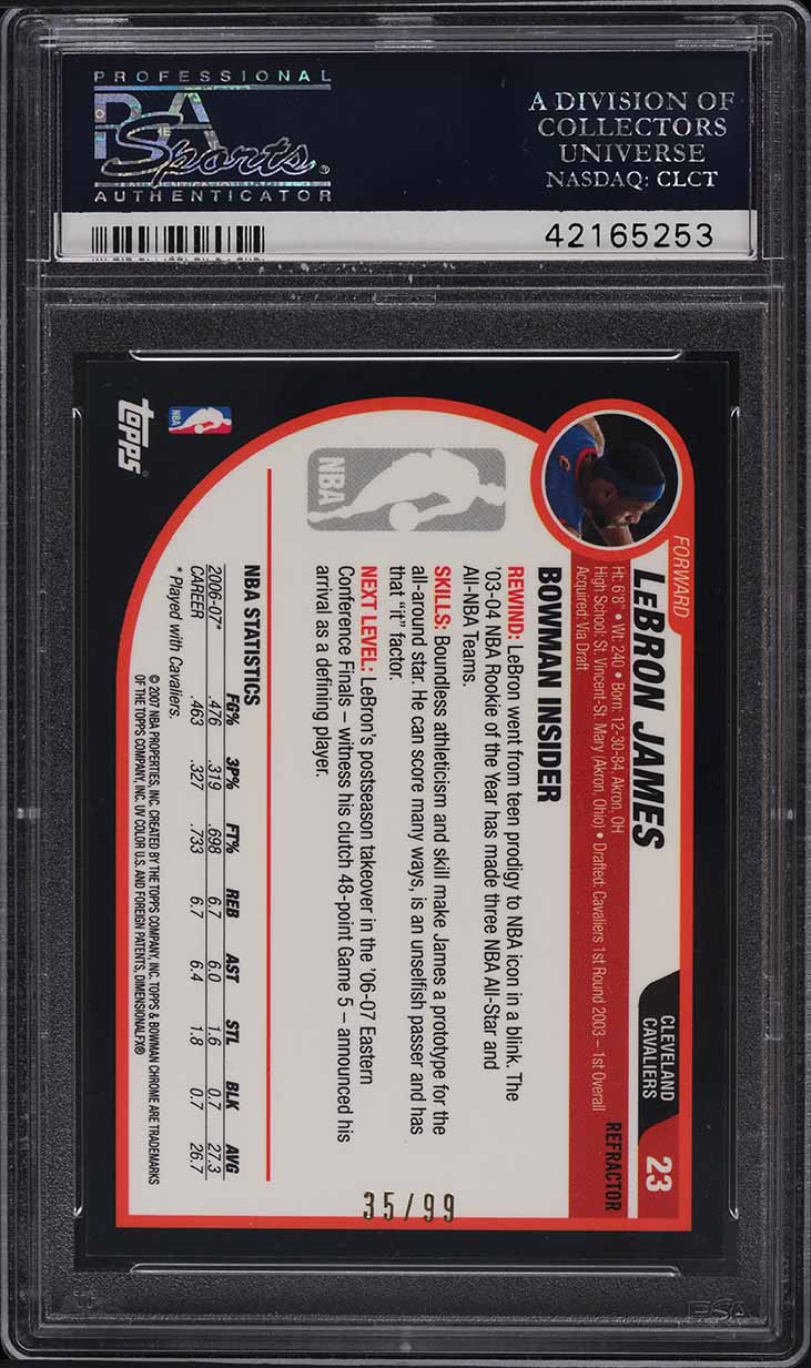 2007 Bowman Chrome Gold Refractor LeBron James /99 #23 PSA 10 GEM MINT