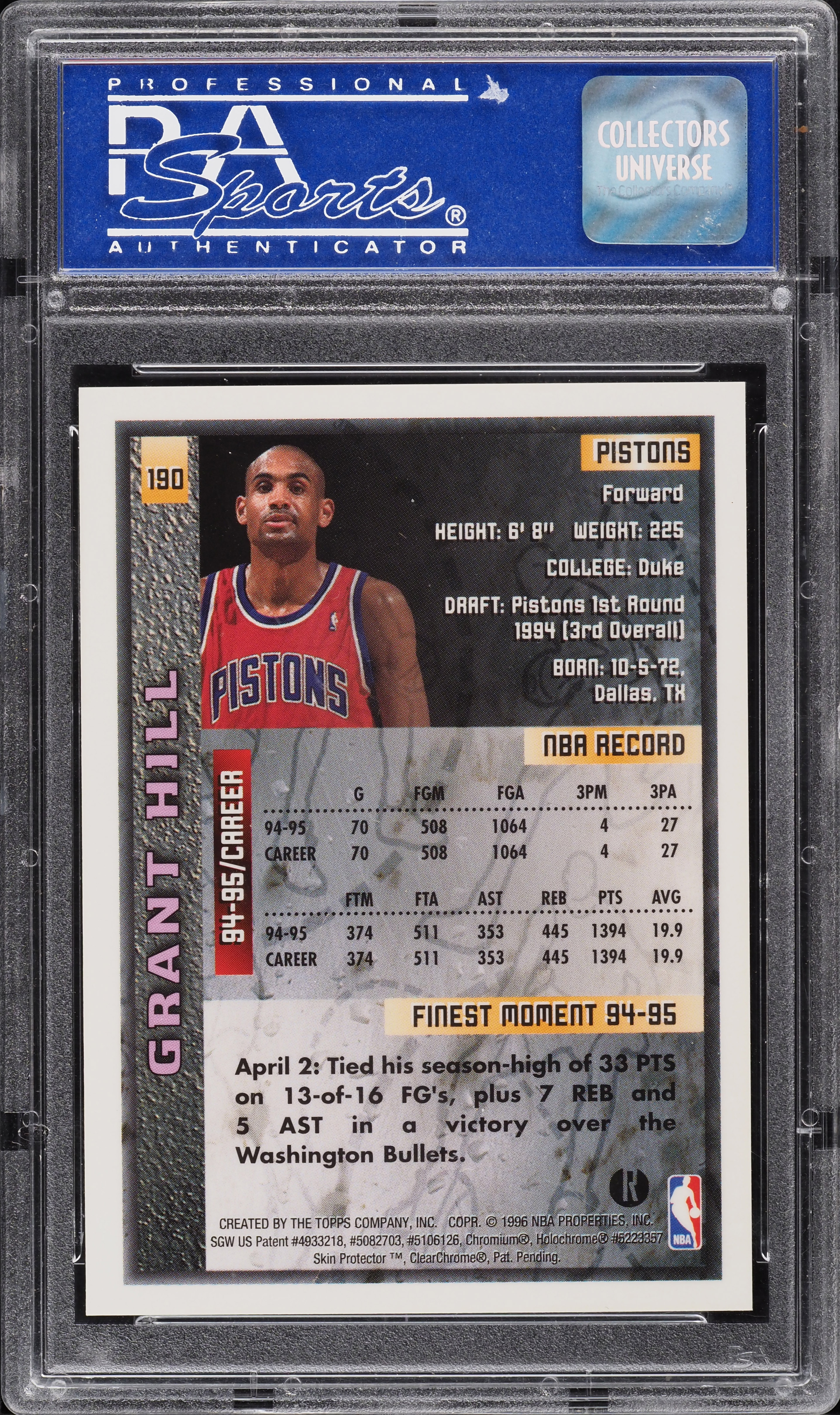 1995 Finest Refractor w/ Coating Grant Hill #190 PSA 9 MINT on