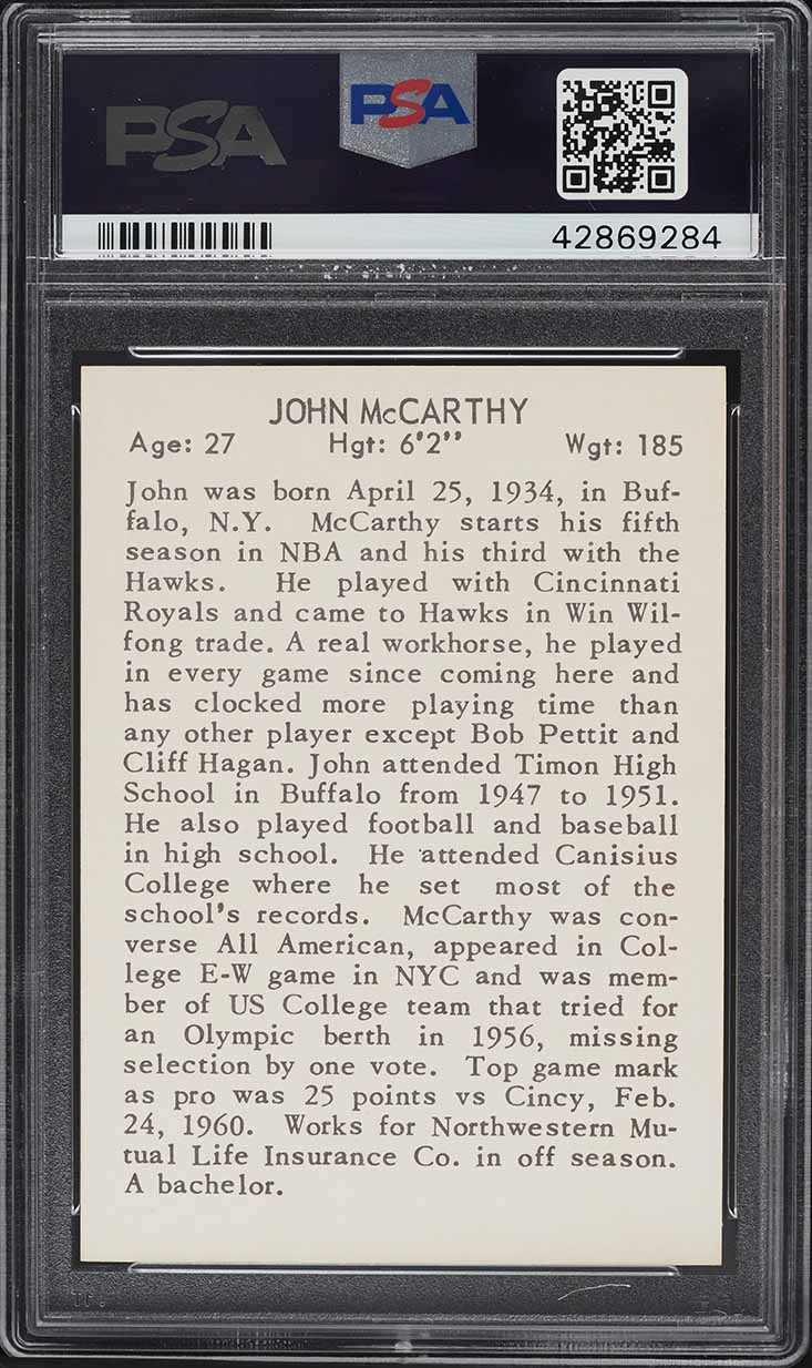 1961 Essex Meats Hawks Basketball John McCarthy PSA 9 MINT