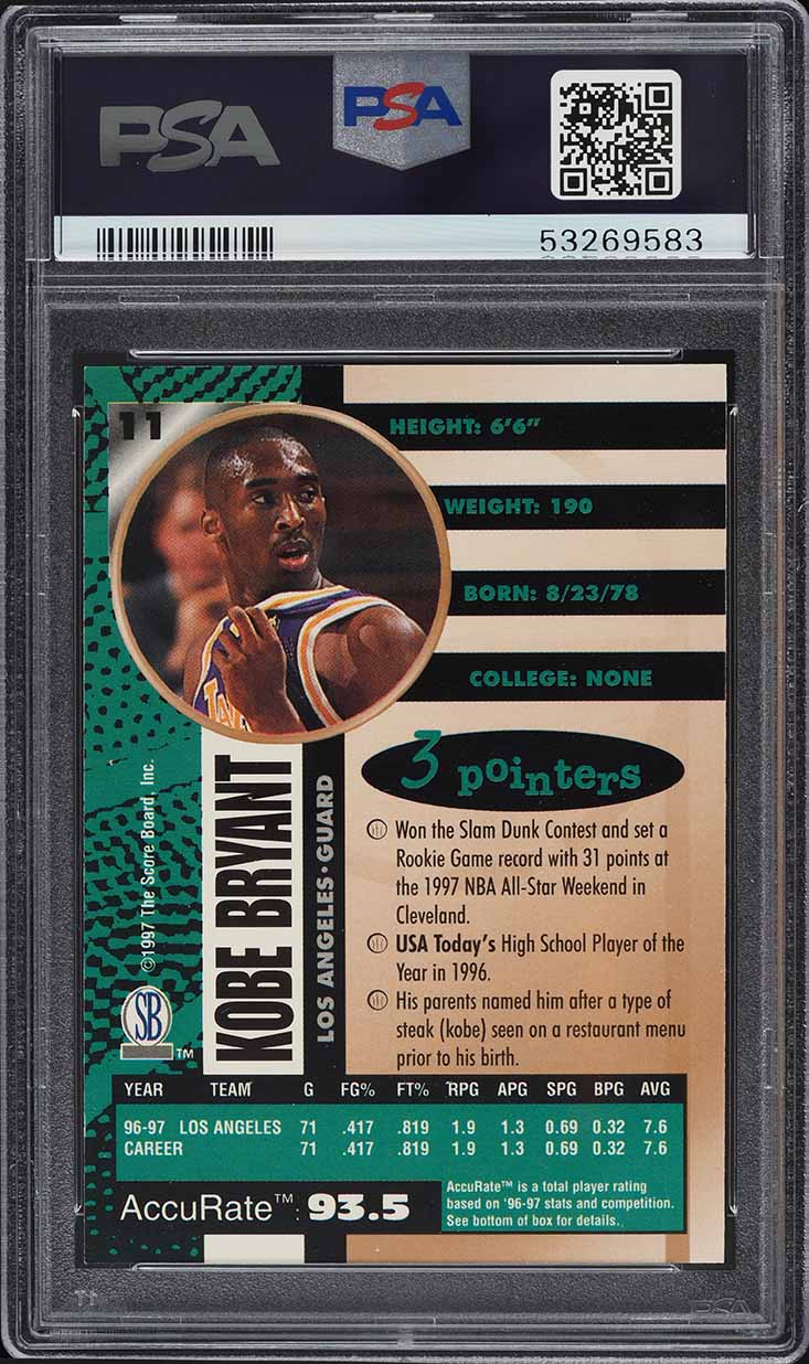 1997 Score Board Autographed Basketball Kobe Bryant #11 PSA 9 MINT
