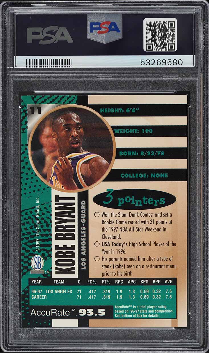 1997 Score Board Autographed Basketball Kobe Bryant #11 PSA 9 MINT