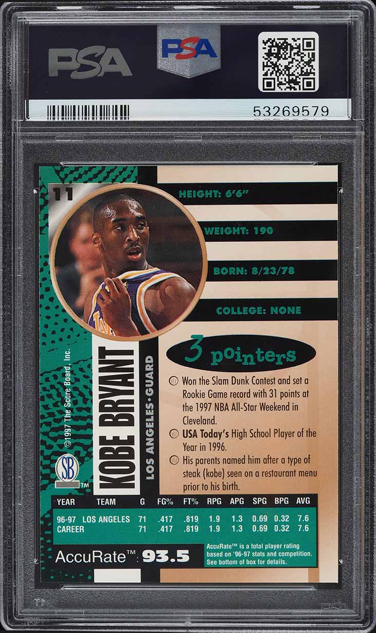 1997 Score Board Autographed Basketball Kobe Bryant #11 PSA 9 MINT