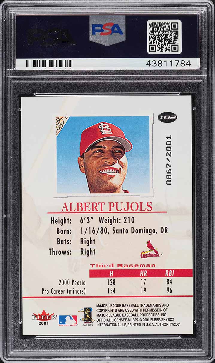 2001 Fleer Authority Albert Pujols ROOKIE /2001 #102 PSA 10 GEM