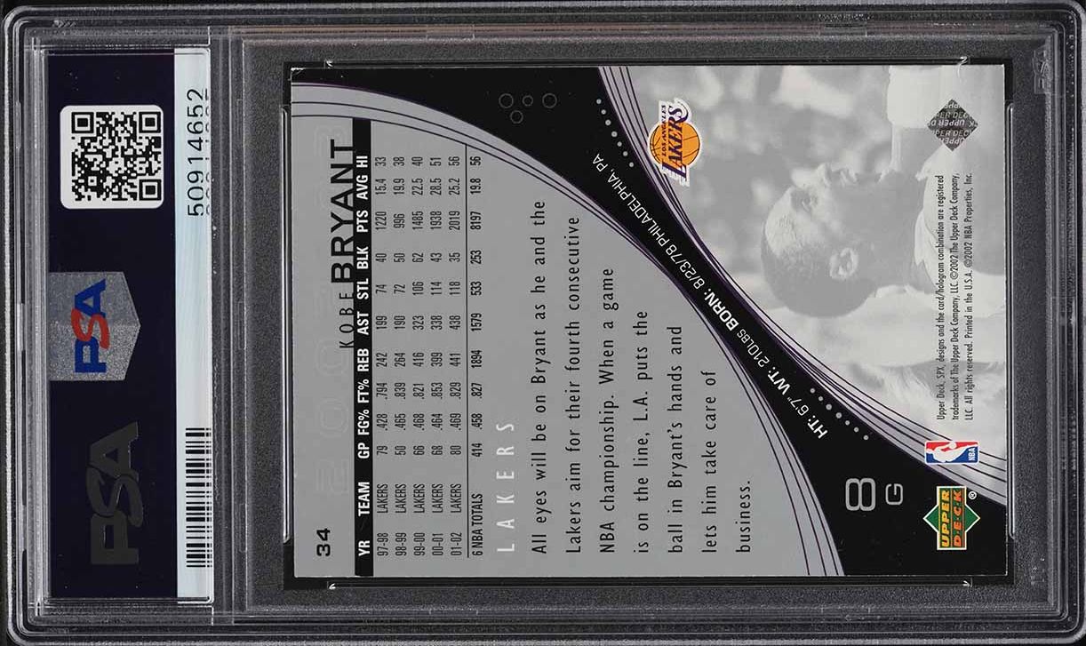 2002 SPx Basketball Kobe Bryant #34 PSA 6 EXMT