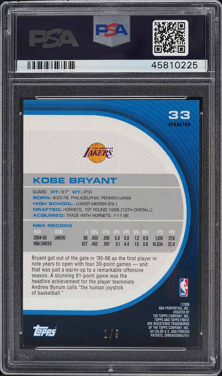 2005 Finest Black Xfractor Kobe Bryant 1/9 #33 PSA 9 MINT on