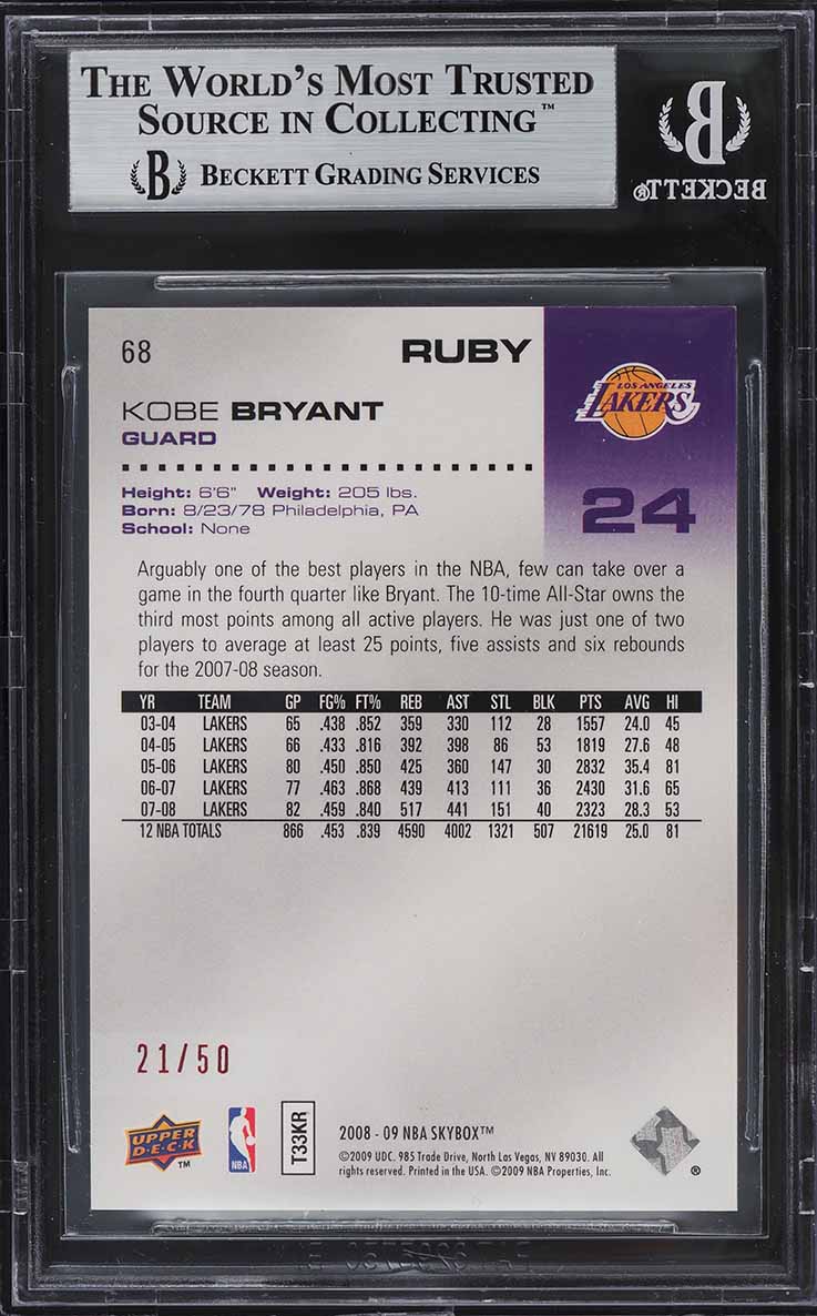 2008 Skybox Ruby Kobe Bryant /50 #68 BGS 8.5 NM-MT+