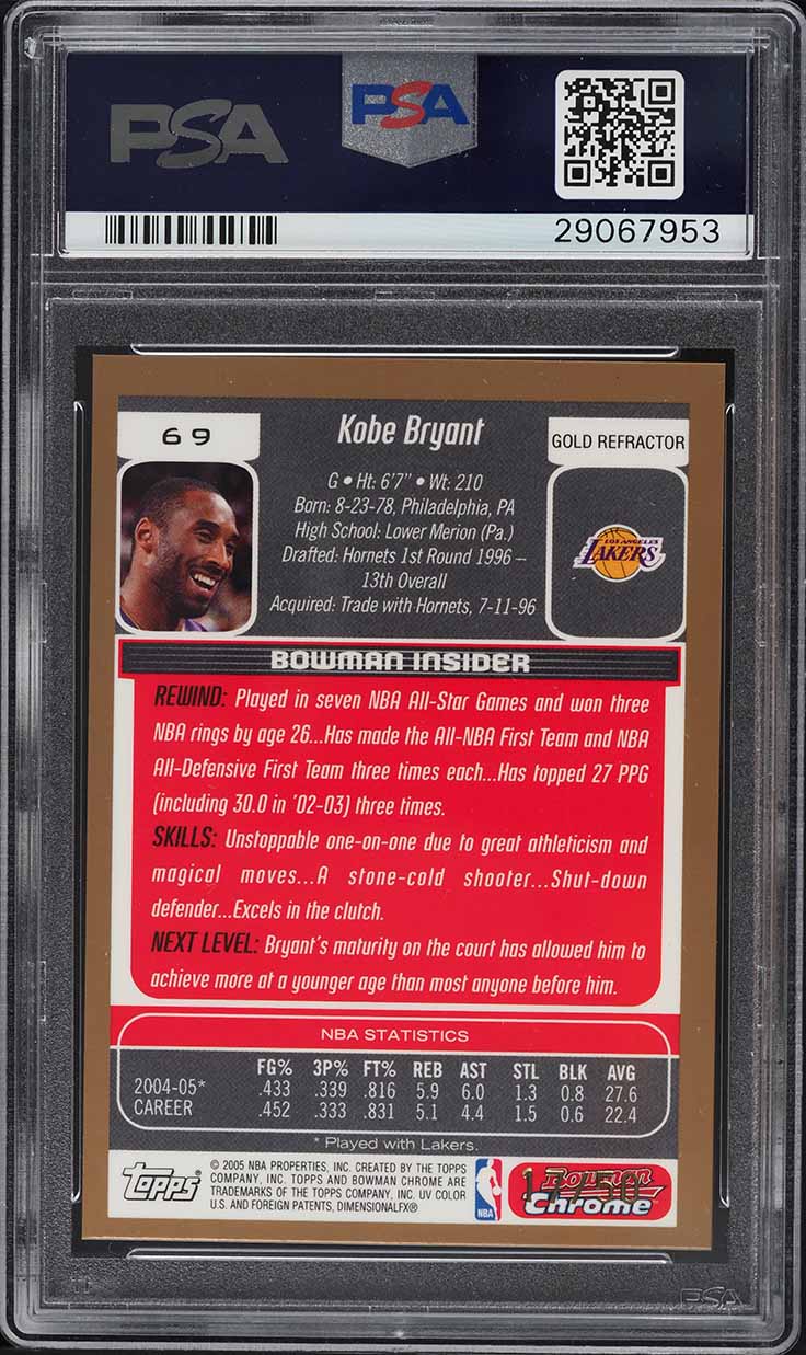 2005 Bowman Chrome Draft Picks Prospects Gold Refractor Kobe Bryant /50 PSA AUTH
