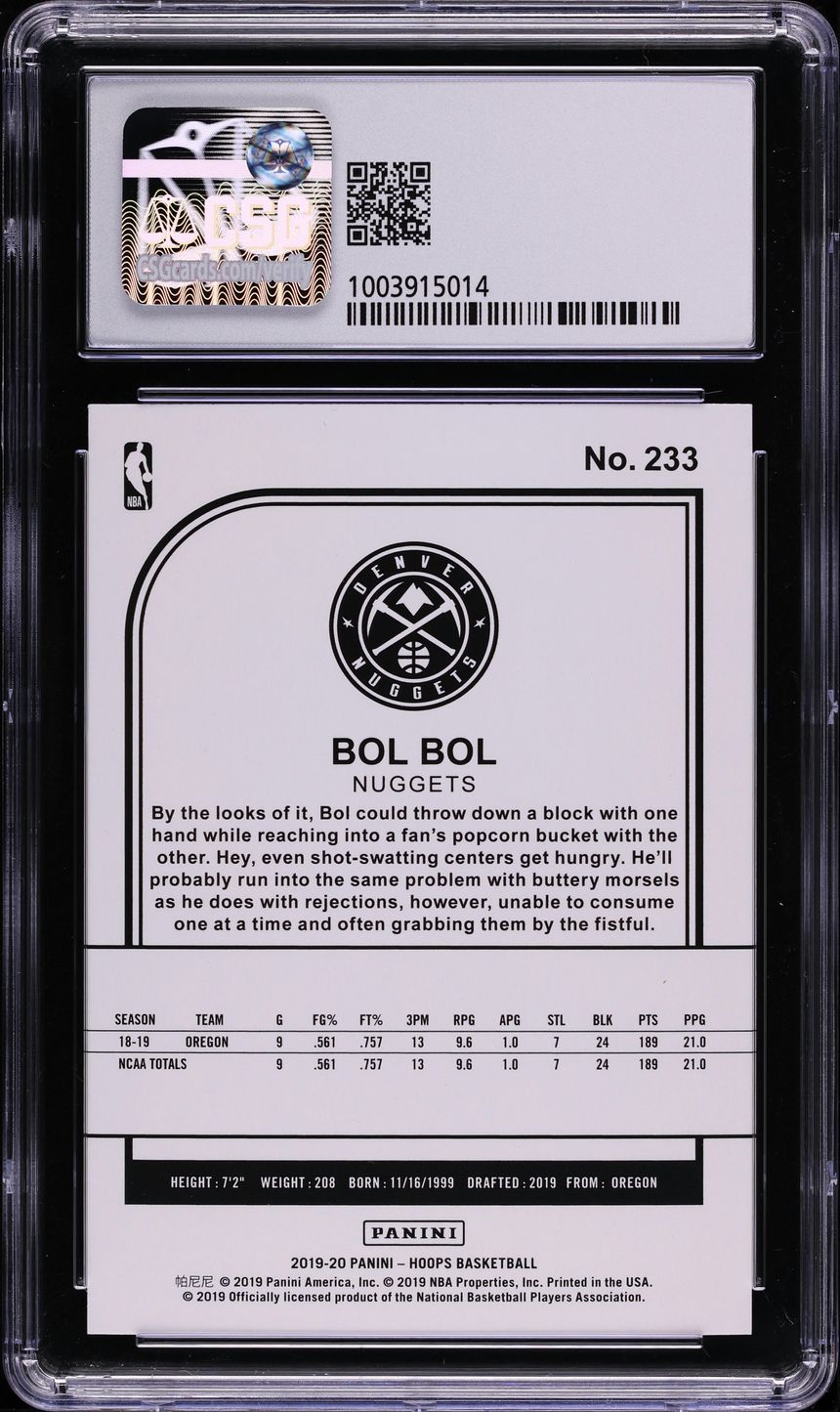 2019 Hoops Bol Bol ROOKIE #233 CSG 9.5 GEM MINT