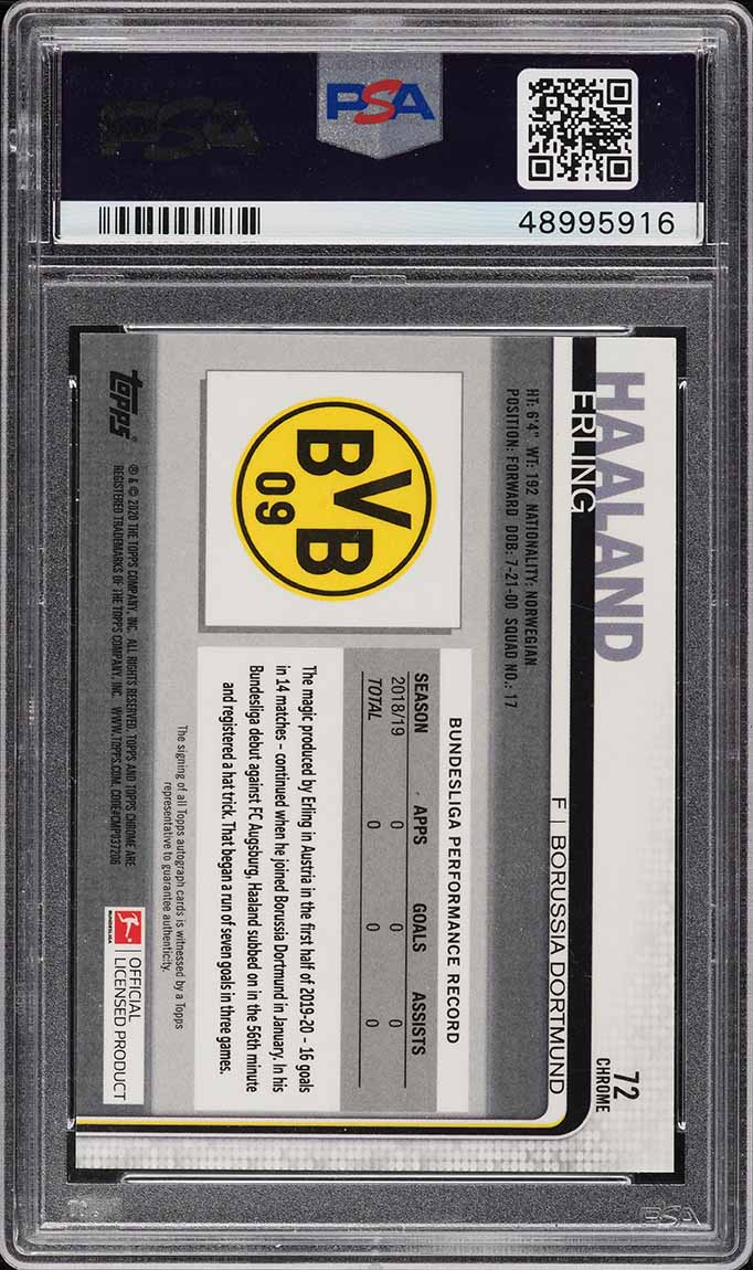 2019 Topps Chrome Bundesliga Erling Haaland ROOKIE RC AUTO #72 PSA 9 MINT