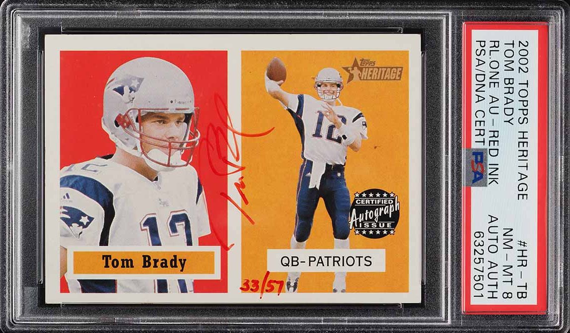 2002 Topps Heritage Real One Red Ink Tom Brady PSA/DNA AUTO /57 PSA 8 NM-MT