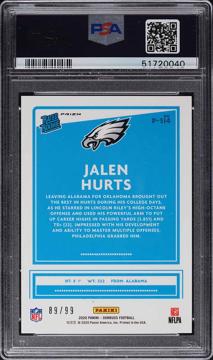 2020 Donruss Optic Preview Red Jalen Hurts ROOKIE /99 #P314 PSA 10 GEM MINT