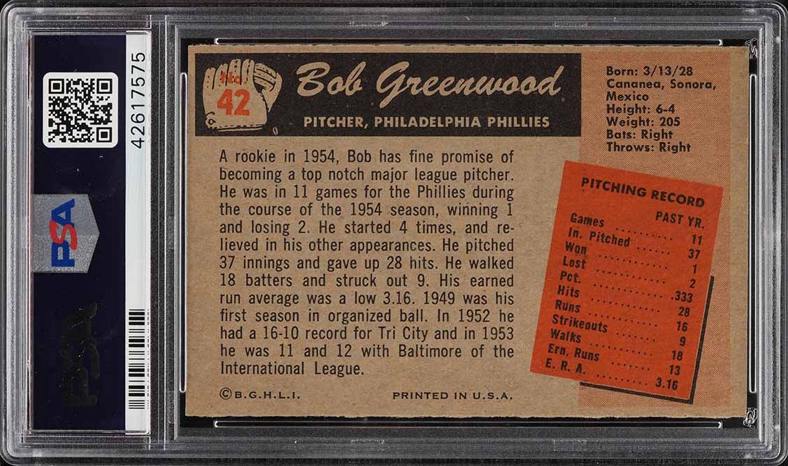 1955 Bowman Bob Greenwood #42 PSA 7 NRMT