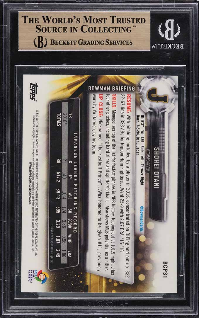 2017 Bowman Chrome Mega Box Refractor Shohei Otani ROOKIE RC BGS 10 PRISTINE