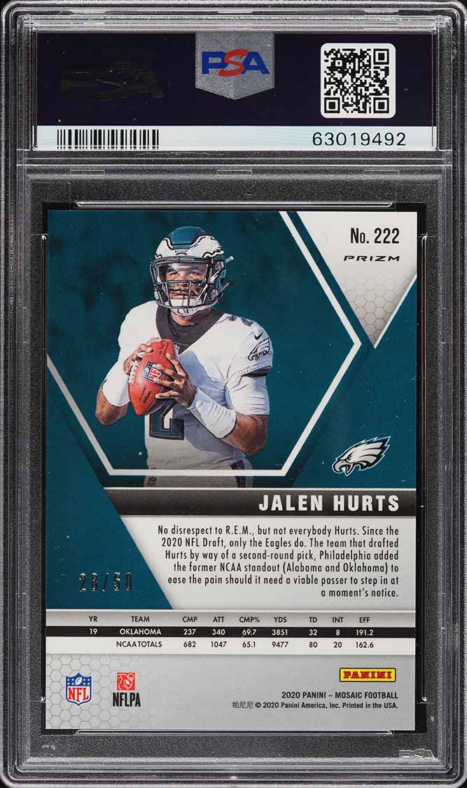 2020 Panini Mosaic No Huddle Purple Jalen Hurts ROOKIE RC /50 PSA 10 GEM MINT