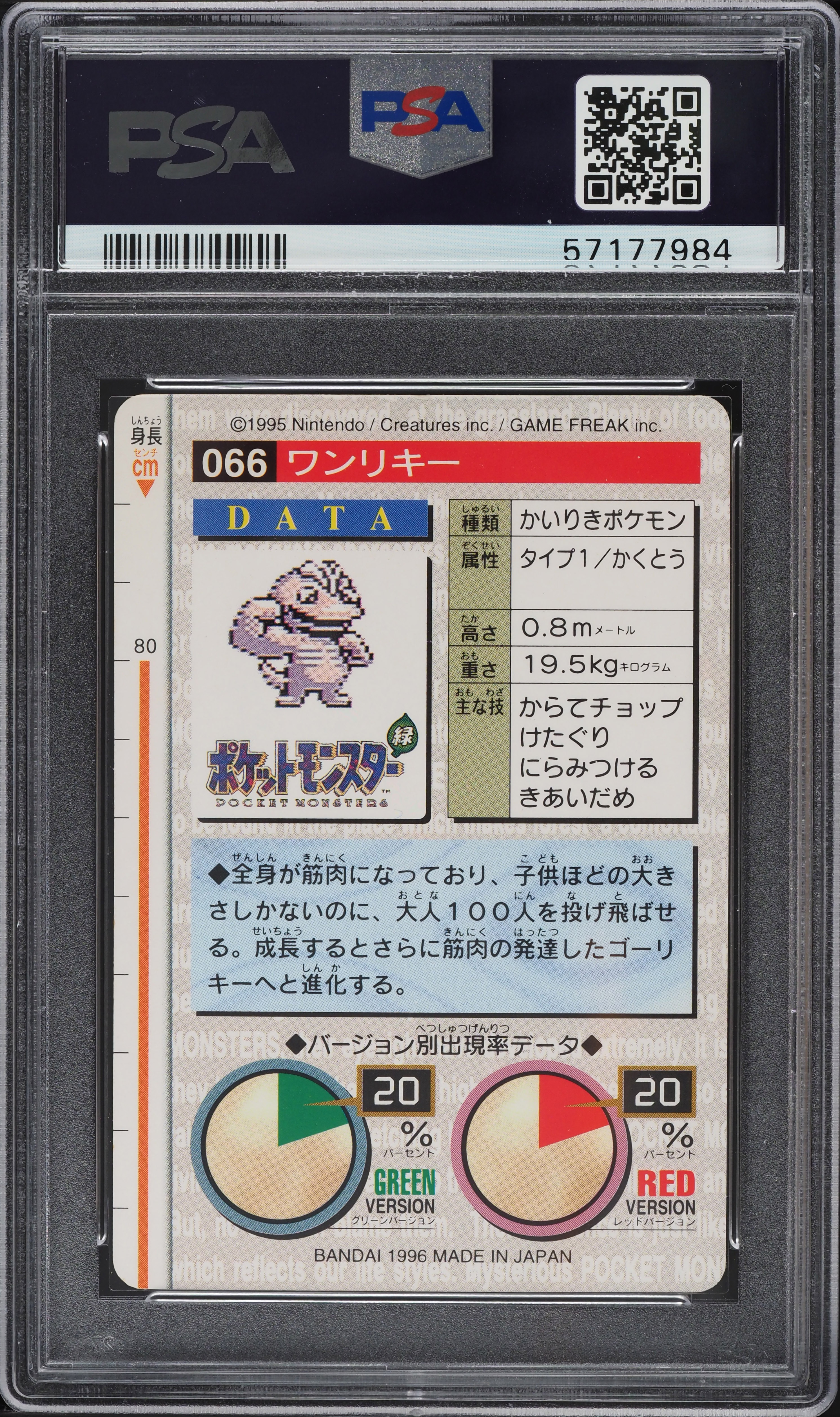 1996 Pokemon Japanese Bandai Carddass Vending Machop #66 PSA 8 NM