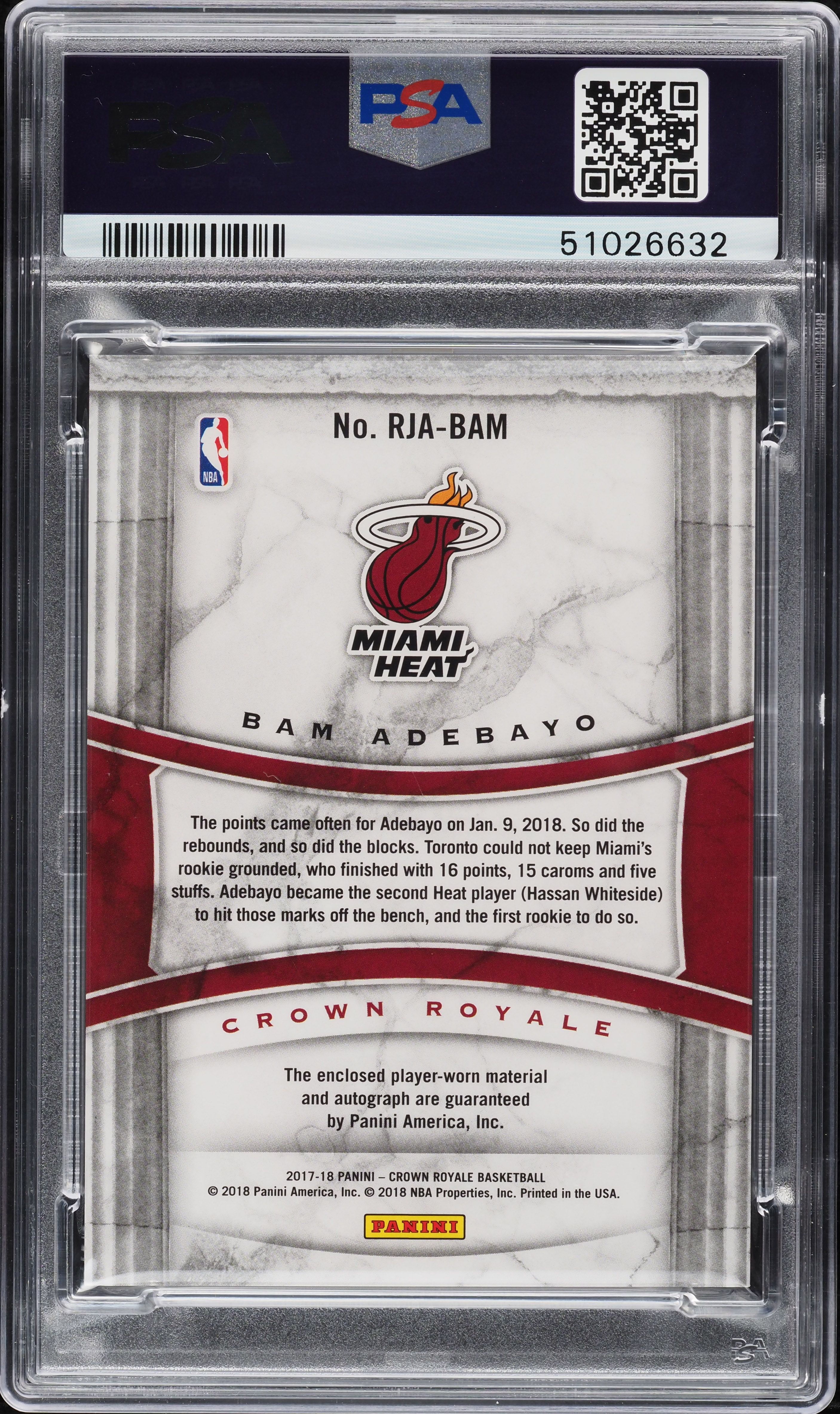 2017 Panini Crown Royale Bam Adebayo ROOKIE PATCH AUTO DNA 10 /10 