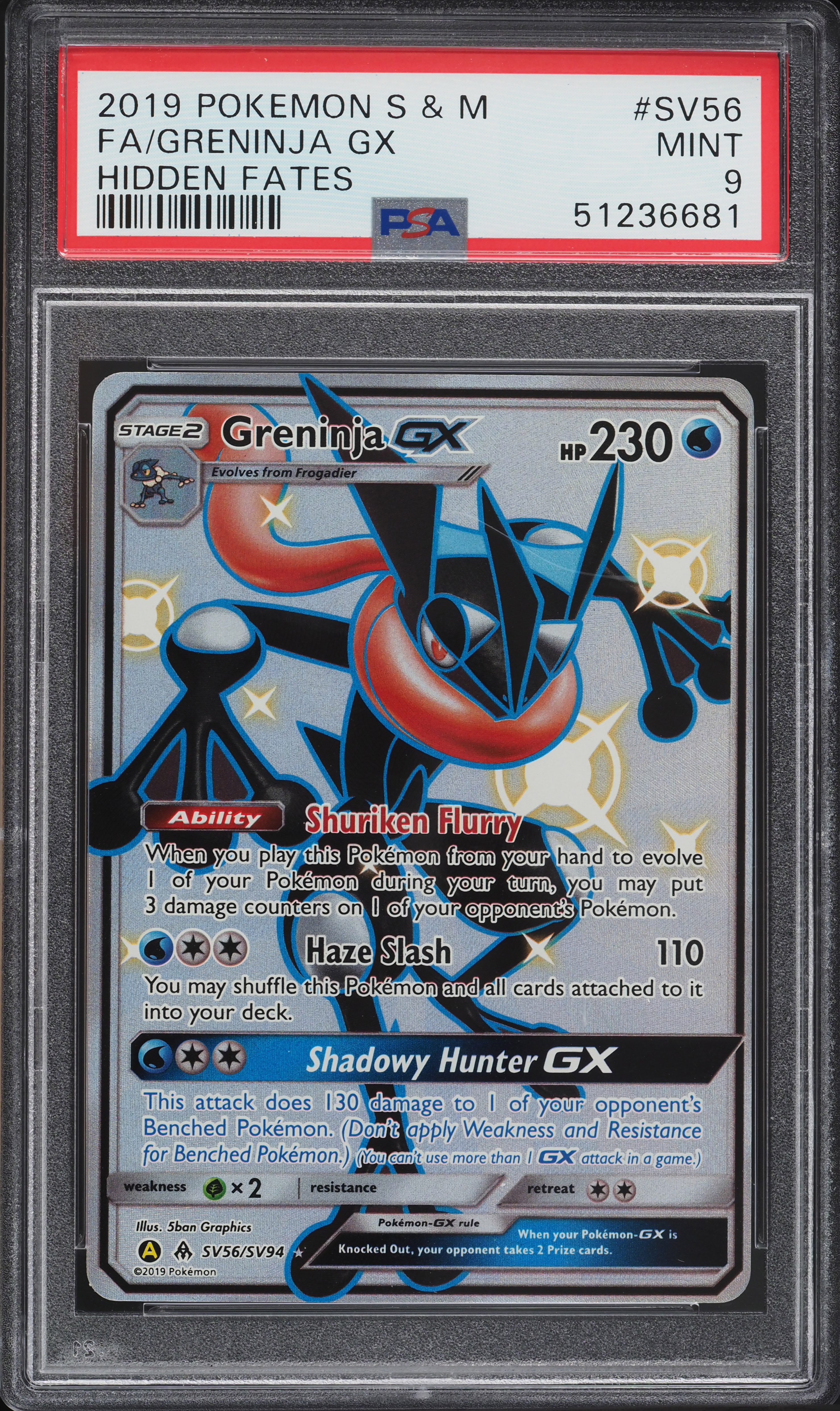 2019 Pokemon Sun & Moon Hidden Fates Shiny Greninja GX #SV56 PSA 9