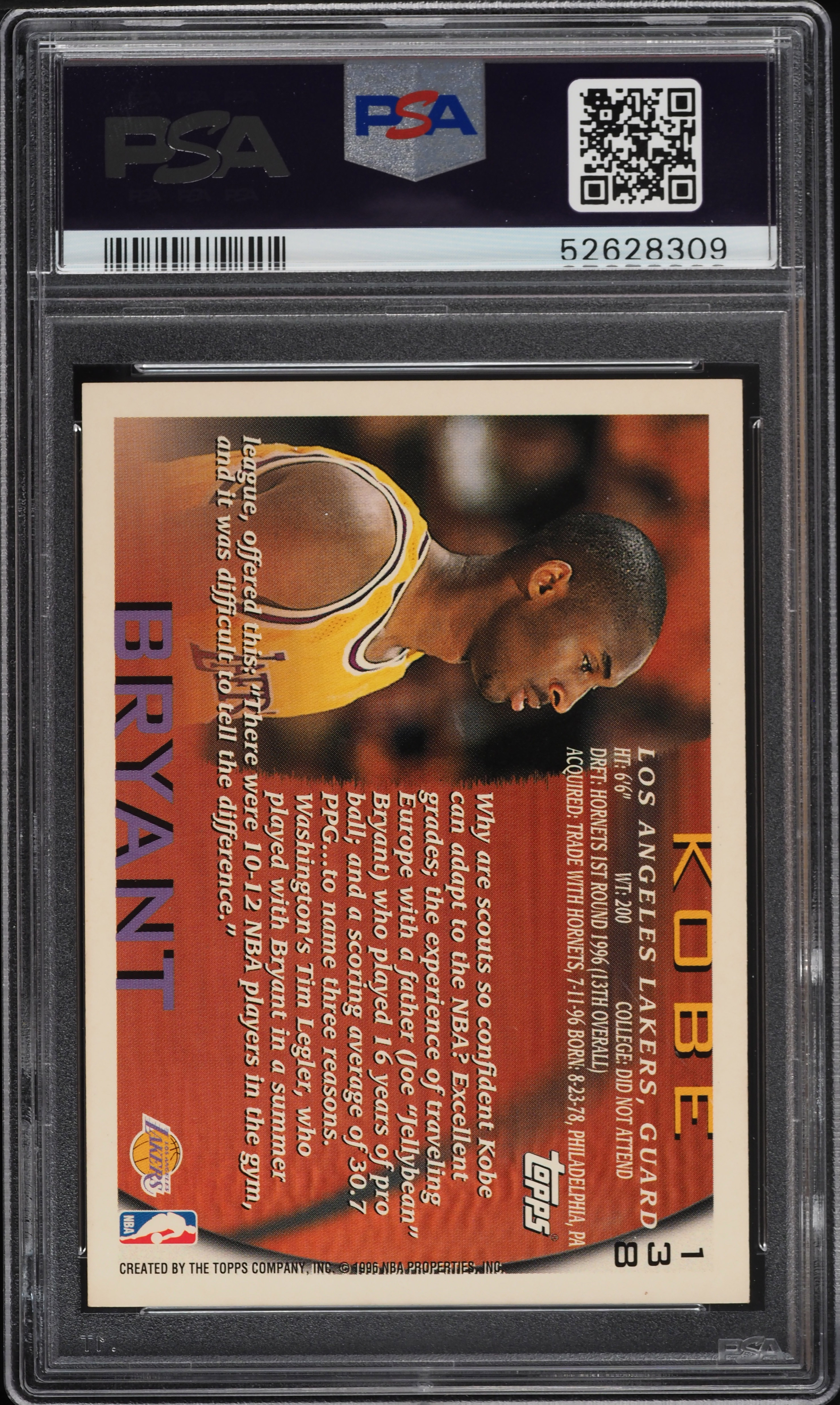 1996 Topps Basketball Kobe Bryant ROOKIE #138 PSA 8 NM-MT on