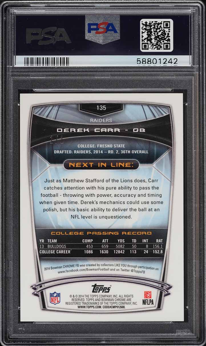 2014 Bowman Chrome Superfractor Derek Carr ROOKIE 1/1 #135 PSA 9 MINT