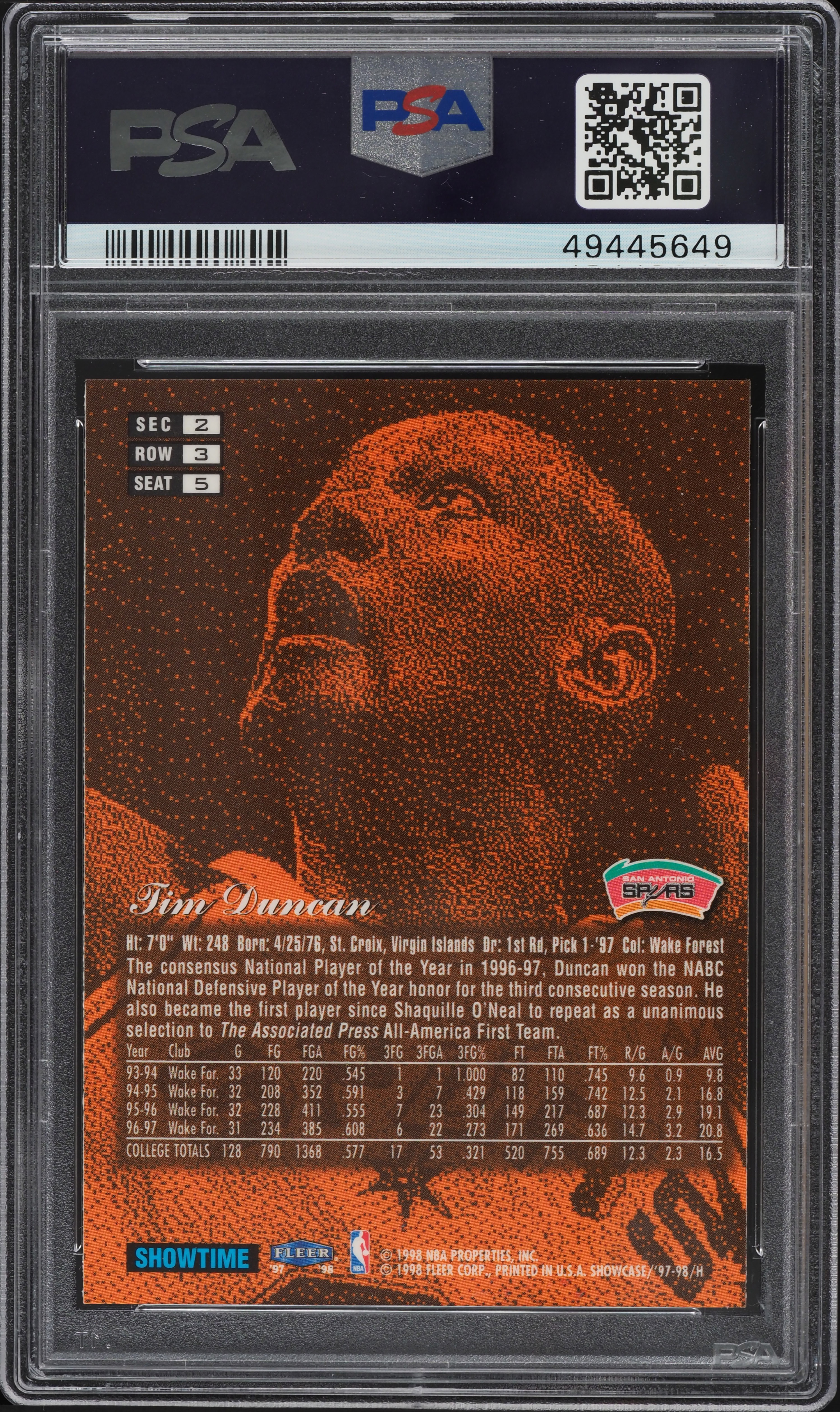 97-98 SHOWCASE Tim Duncan ROW3