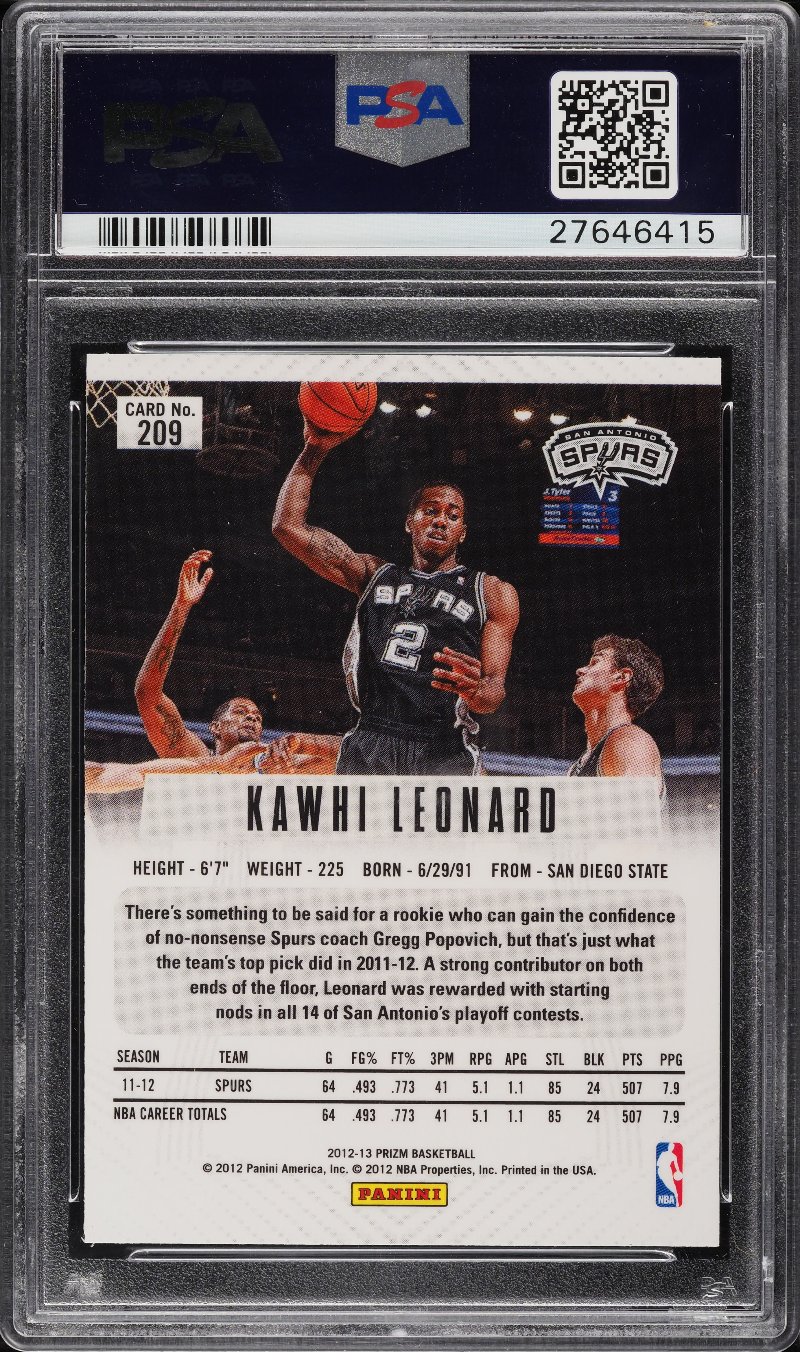 2012 Panini Prizm Kawhi Leonard ROOKIE RC #209 PSA 10 GEM MINT on