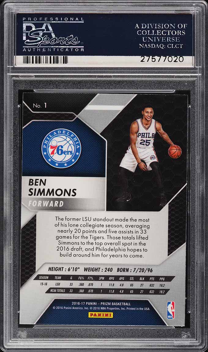 2016 Panini Prizm Ben Simmons ROOKIE RC #1 PSA 10 GEM MINT on