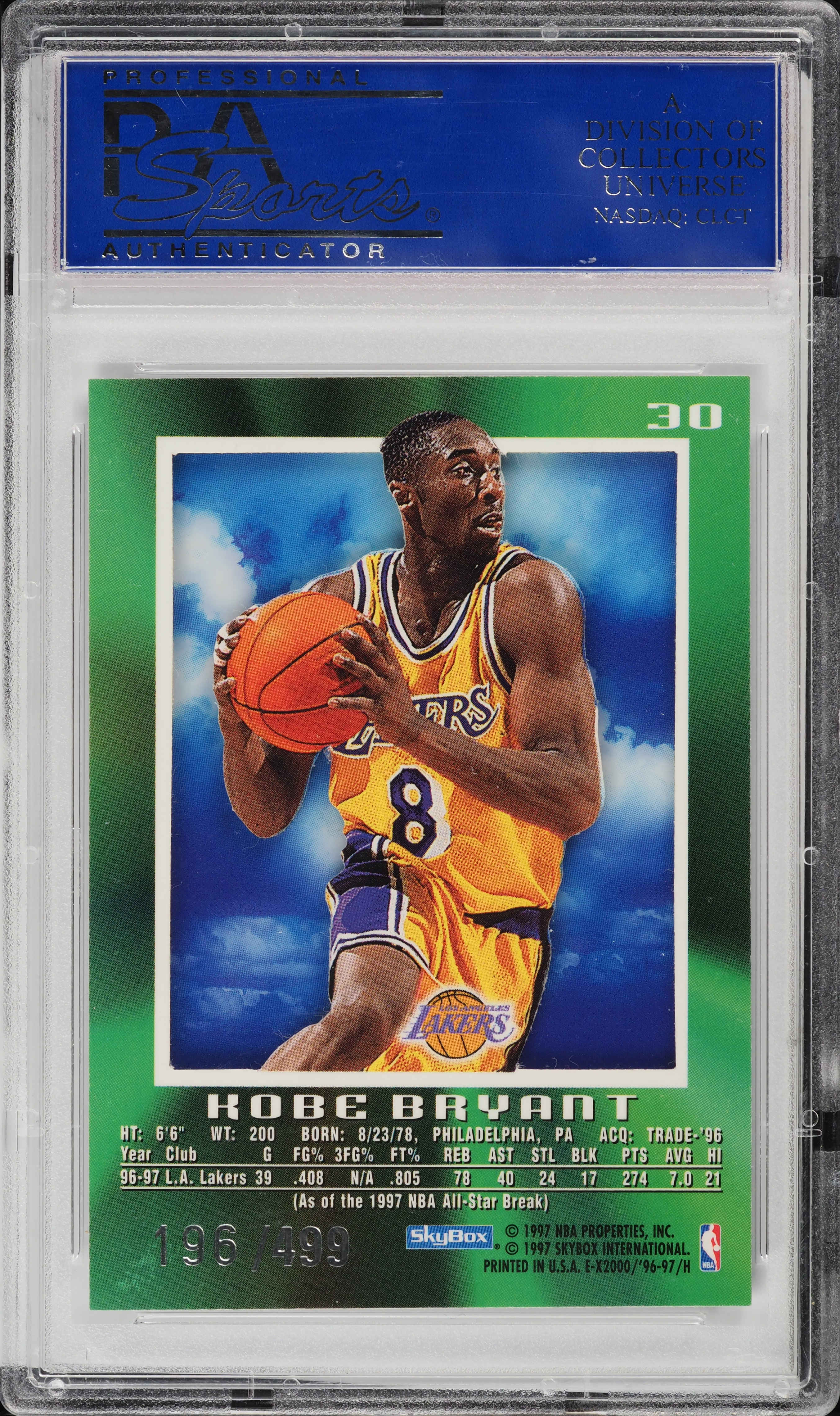 1996 Skybox E-X2000 Credentials Kobe Bryant ROOKIE /499 #30 PSA 9
