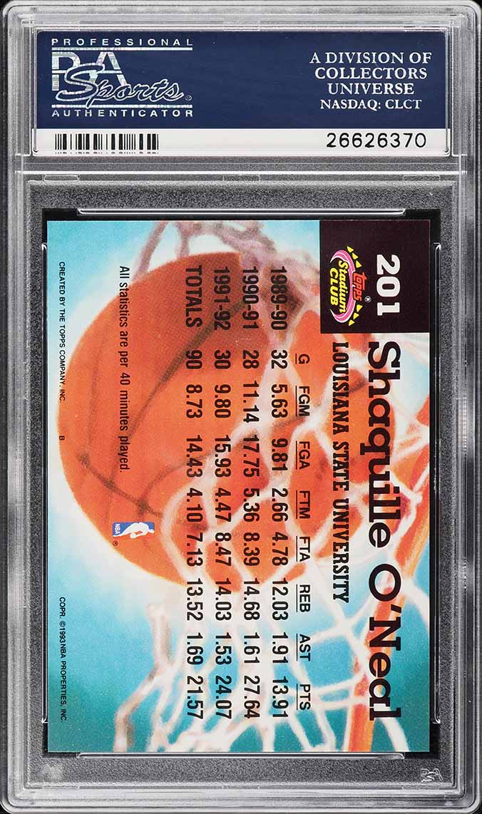 1992 Stadium Club Member's Choice Shaquille O'Neal ROOKIE #201 PSA 10 GEM MINT