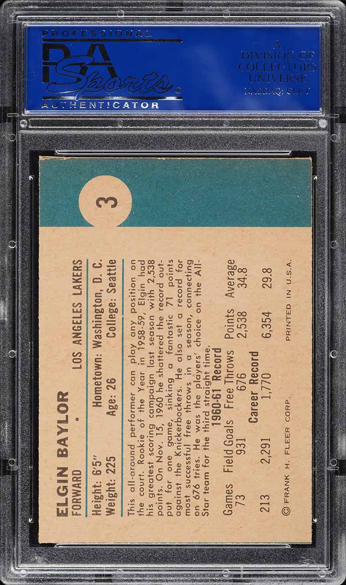 1961 Fleer Basketball Elgin Baylor ROOKIE #3 PSA 7 NRMT