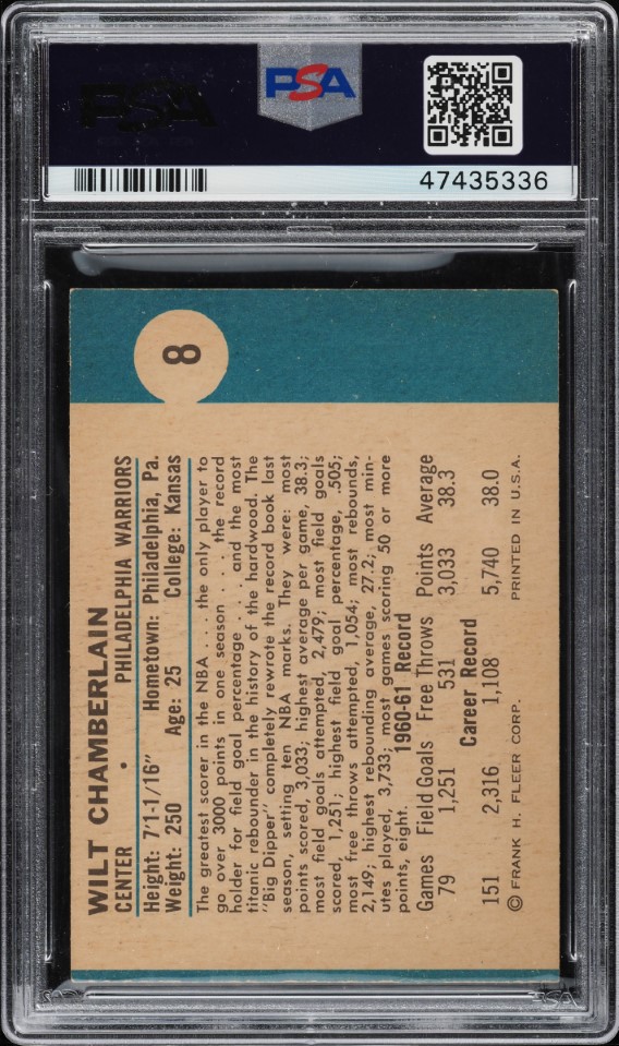 1961 Fleer Basketball Wilt Chamberlain ROOKIE #8 PSA 8(oc) NM-MT