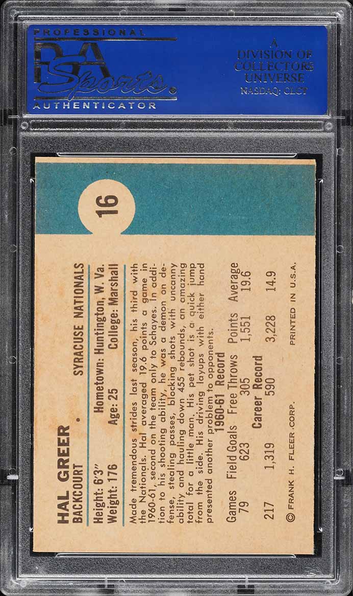 1961 Fleer Basketball Hal Greer ROOKIE #16 PSA 7 NRMT