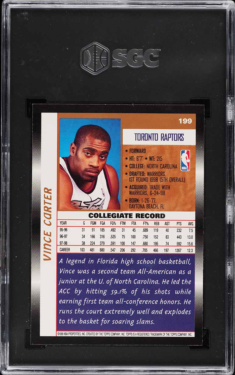 1998 Topps Basketball Vince Carter ROOKIE #199 SGC 9.5 MINT+