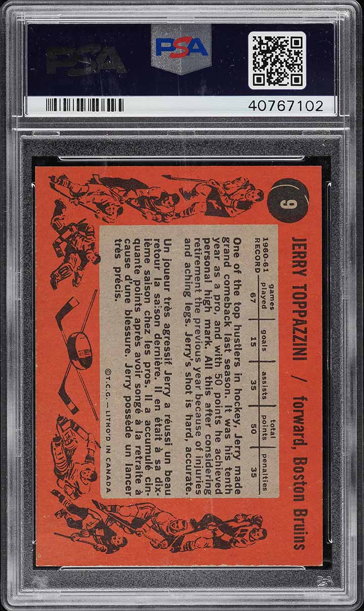 1961 Topps Hockey Jerry Toppazzini #9 PSA 9 MINT