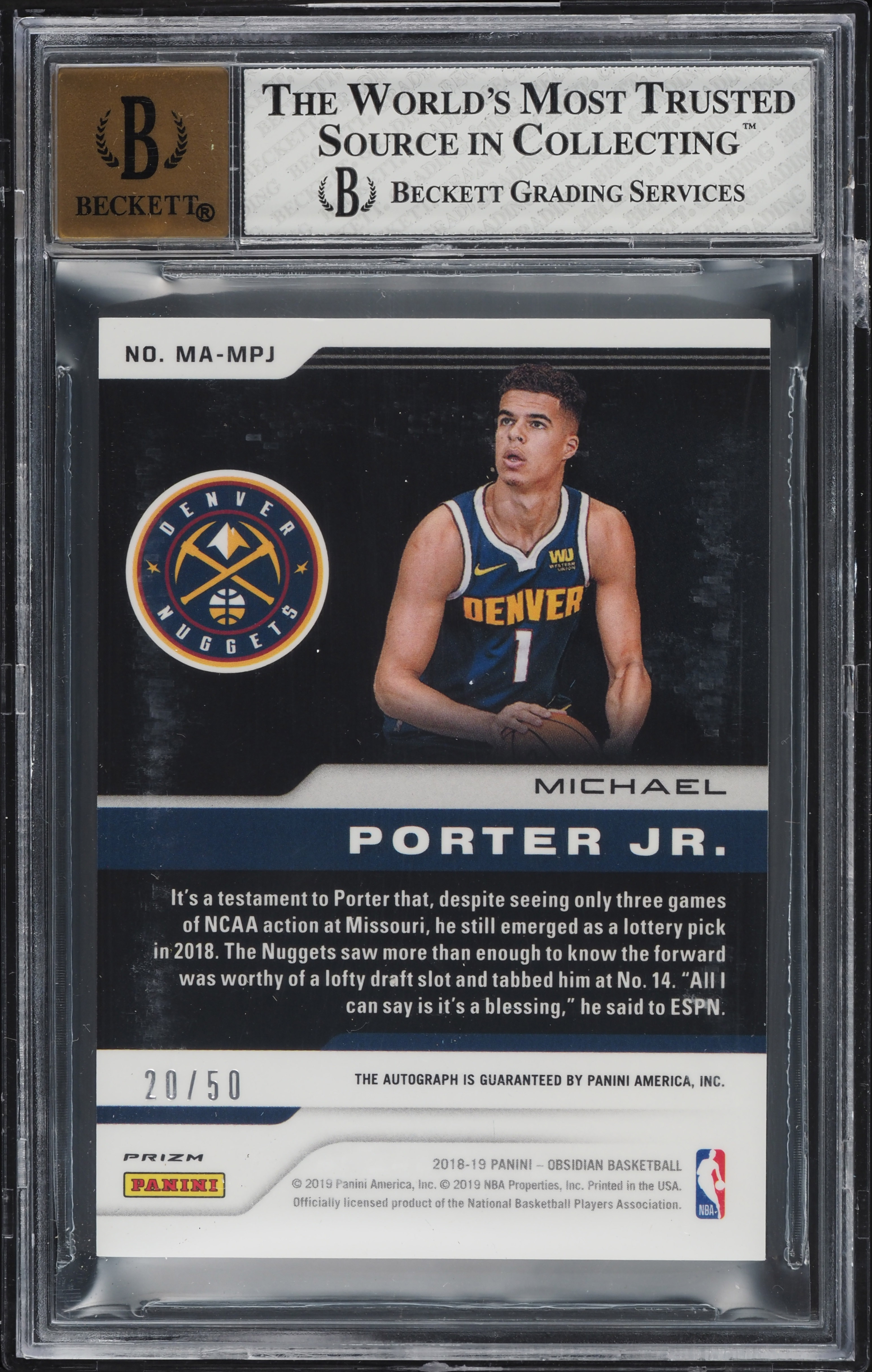 2018 Panini Obsidian Electric Orange Michael Porter Jr. ROOKIE
