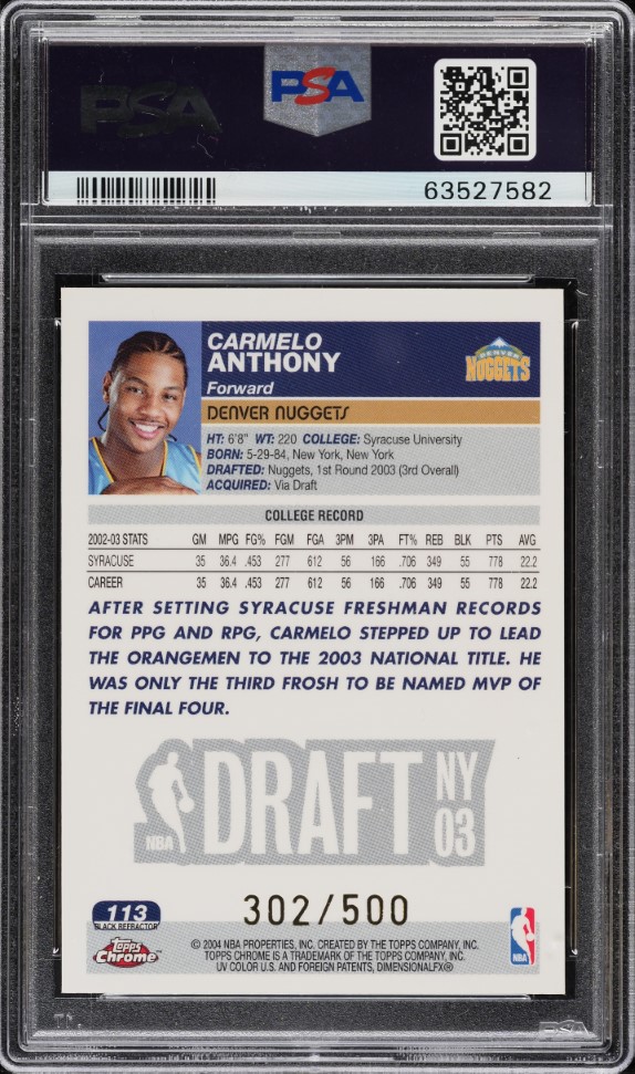 2003 Topps Chrome Black Refractor Carmelo Anthony ROOKIE /500 PSA