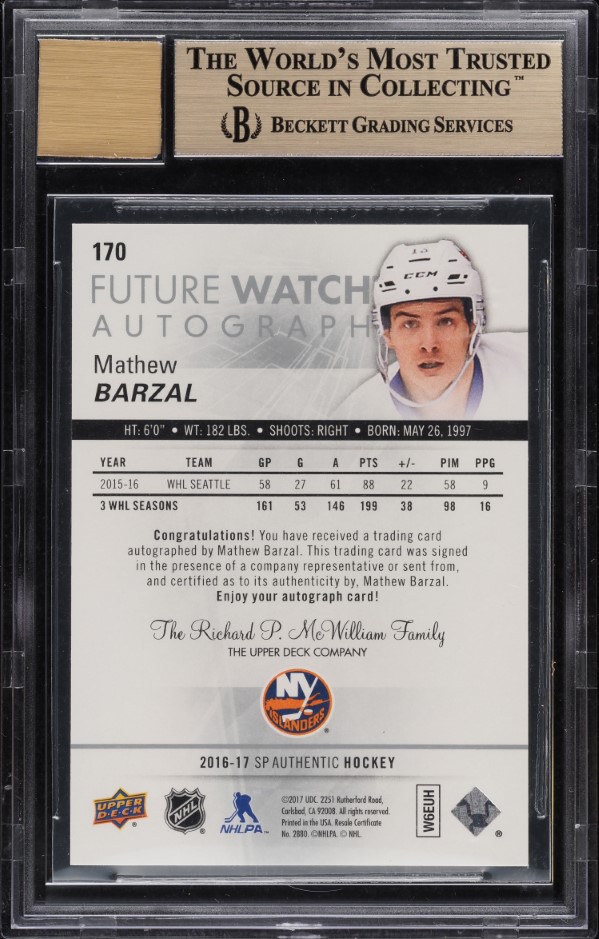 2016 SP Authentic Mathew Barzal ROOKIE AUTO /999 #170 BGS 9.5 GEM MINT
