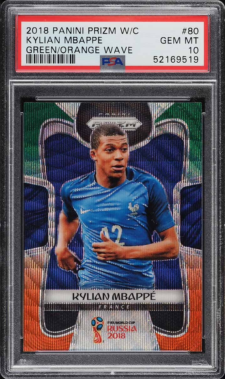 2018 Panini Prizm World Cup Green Orange Wave Kylian Mbappe ROOKIE #80 PSA 10