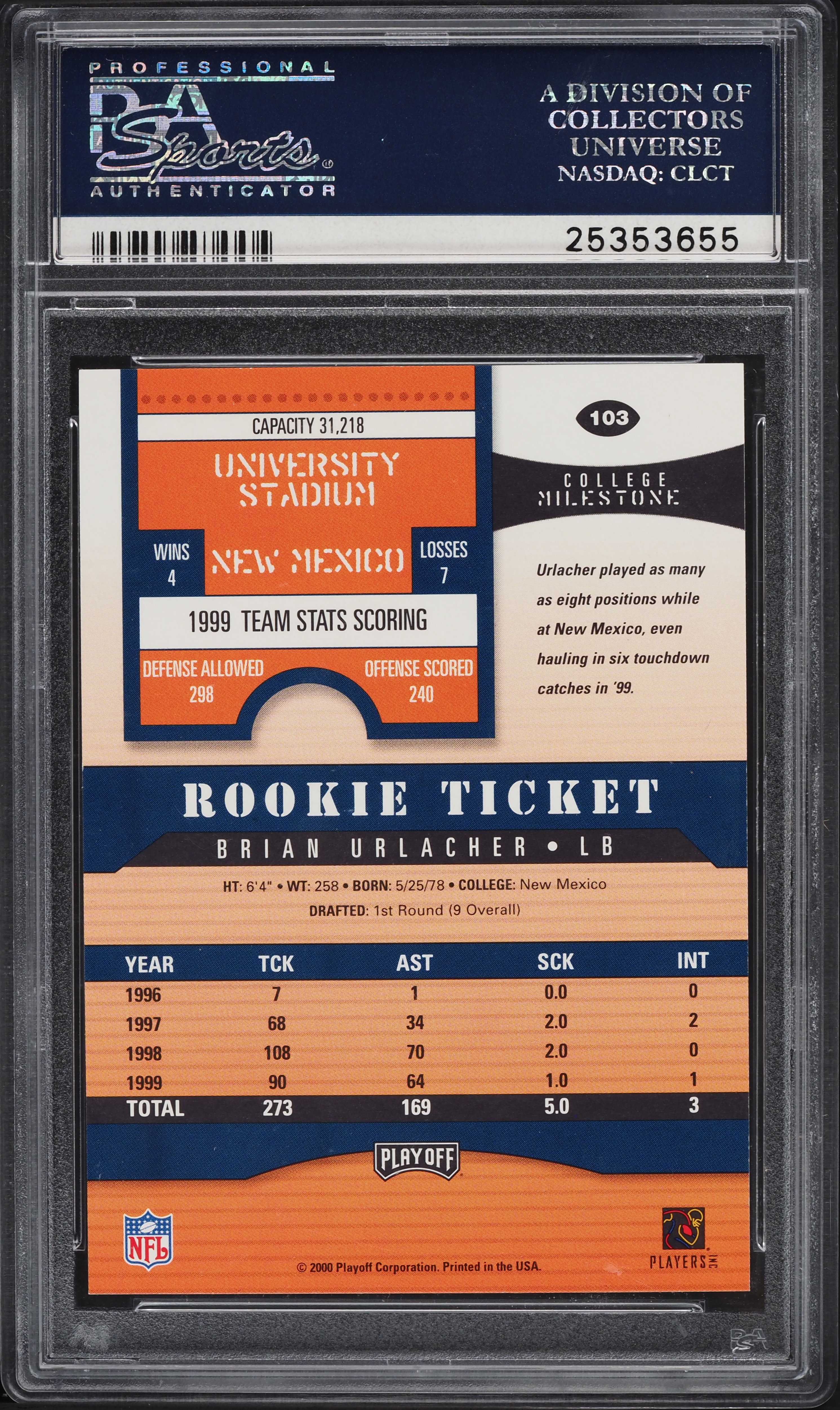 2000 Playoff Contenders Brian Urlacher ROOKIE AUTO #103 PSA 10 GEM