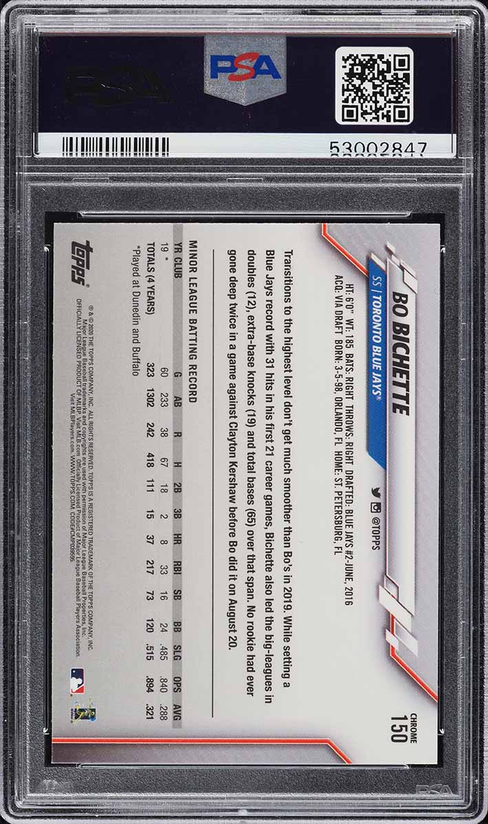 2020 Topps Chrome Bo Bichette ROOKIE #150 PSA 9 MINT