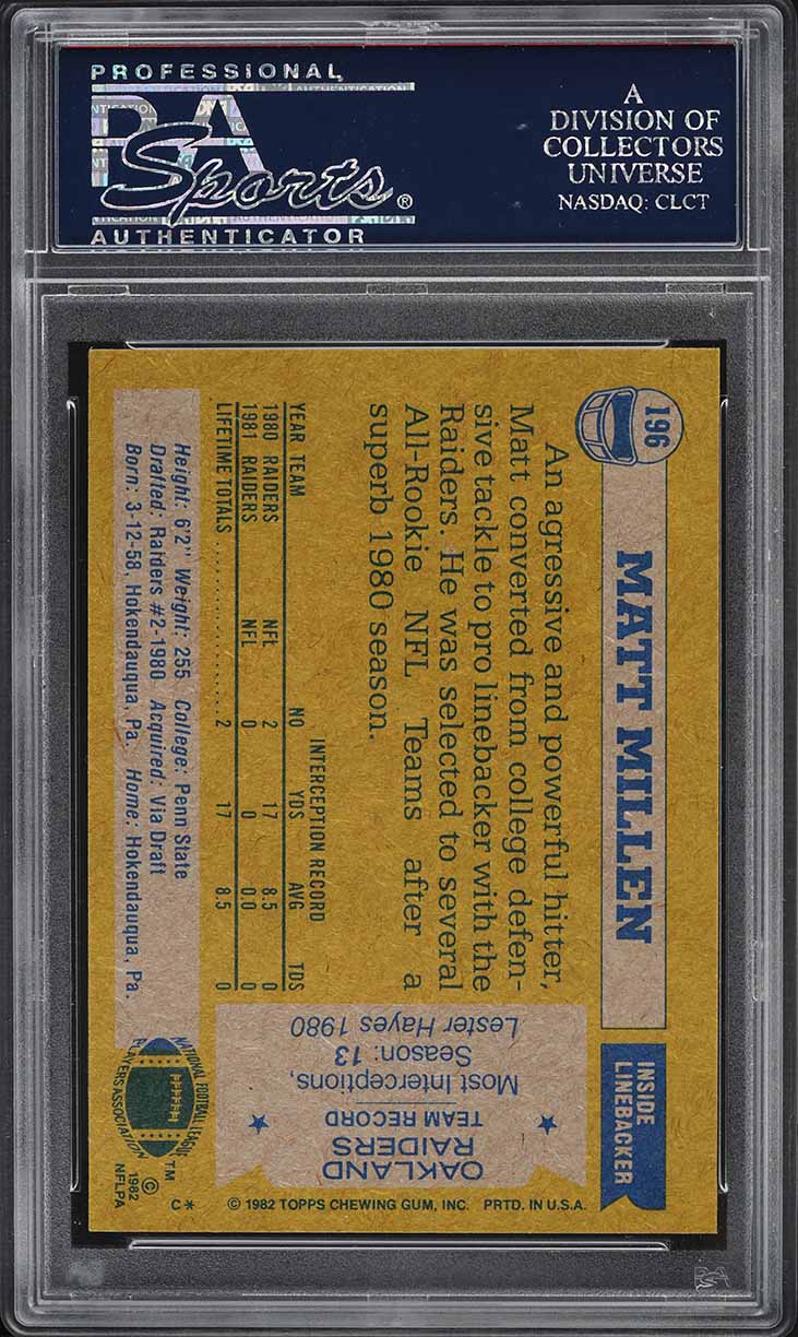 1982 Topps Football Matt Millen ROOKIE #196 PSA 10 GEM MINT