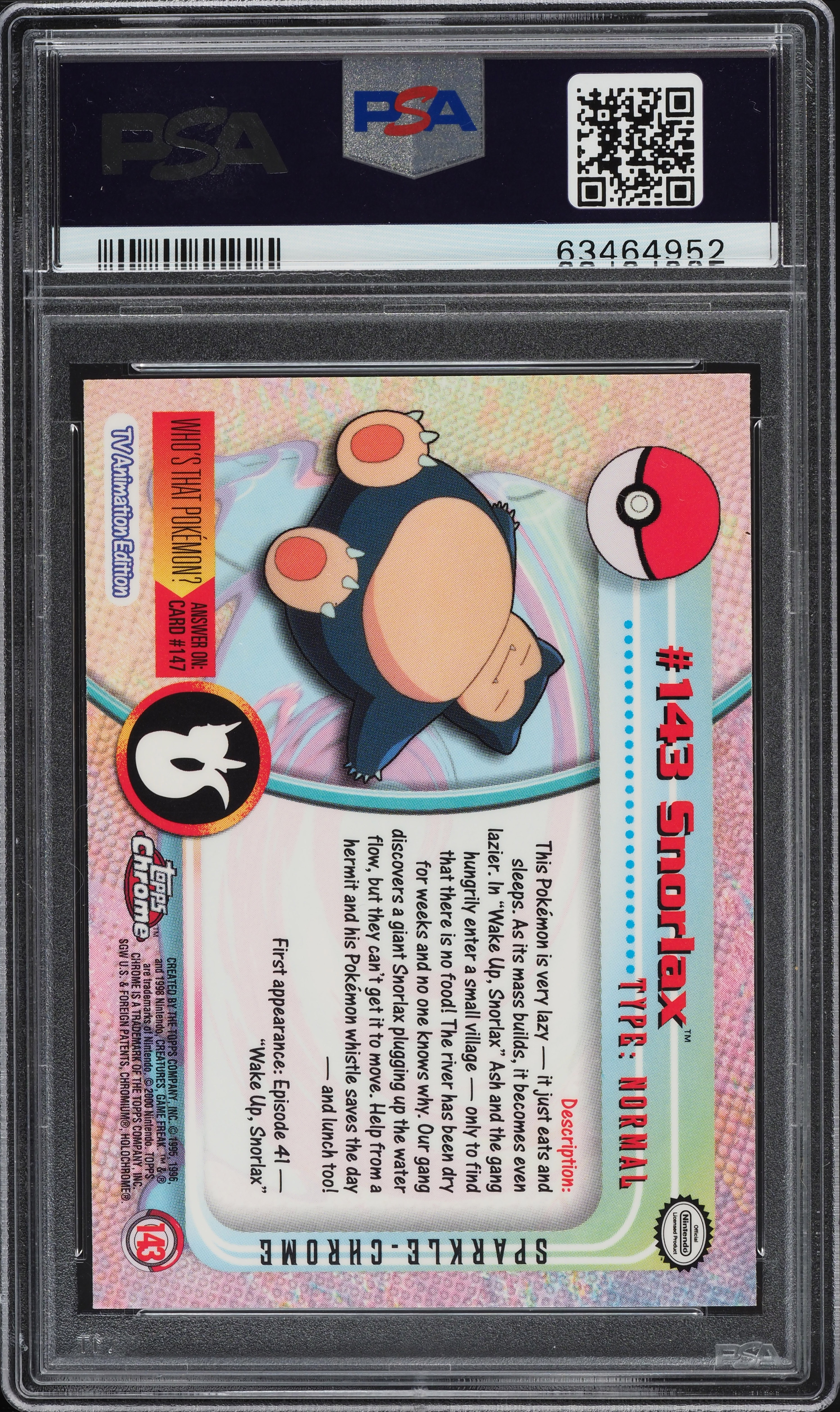 2000 Topps Chrome Pokemon Series 2 Sparkle Snorlax #143 PSA 10 GEM