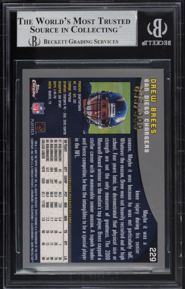 2001 Topps Chrome Refractor Drew Brees ROOKIE /999 #229 BGS 8.5 NM-MT+