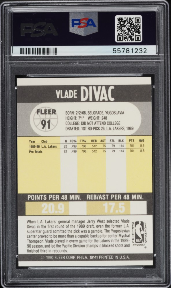 1990 Fleer Basketball Vlade Divac ROOKIE #91 PSA 8 NM-MT