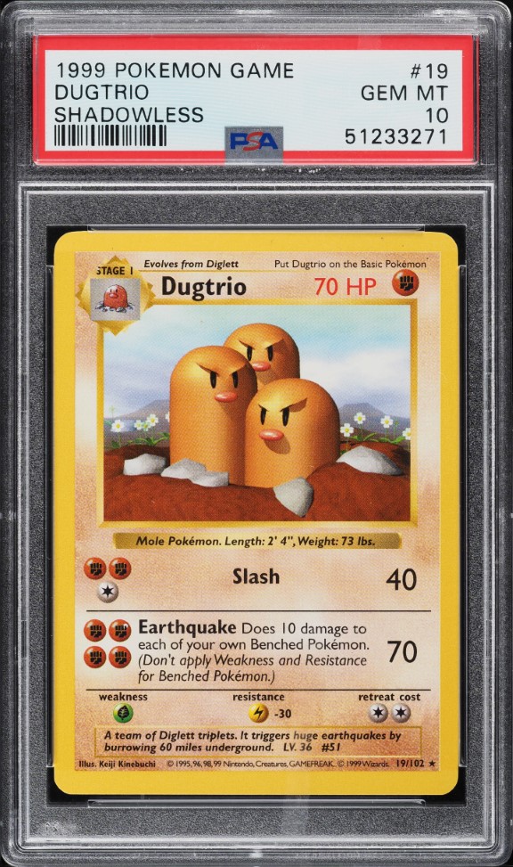 1999 Pokemon Base Set Shadowless Dugtrio #19 PSA 10 GEM MINT