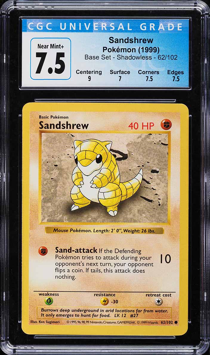 1999 Pokemon Base Set Shadowless Sandshrew #62 CGC 7.5 NRMT+