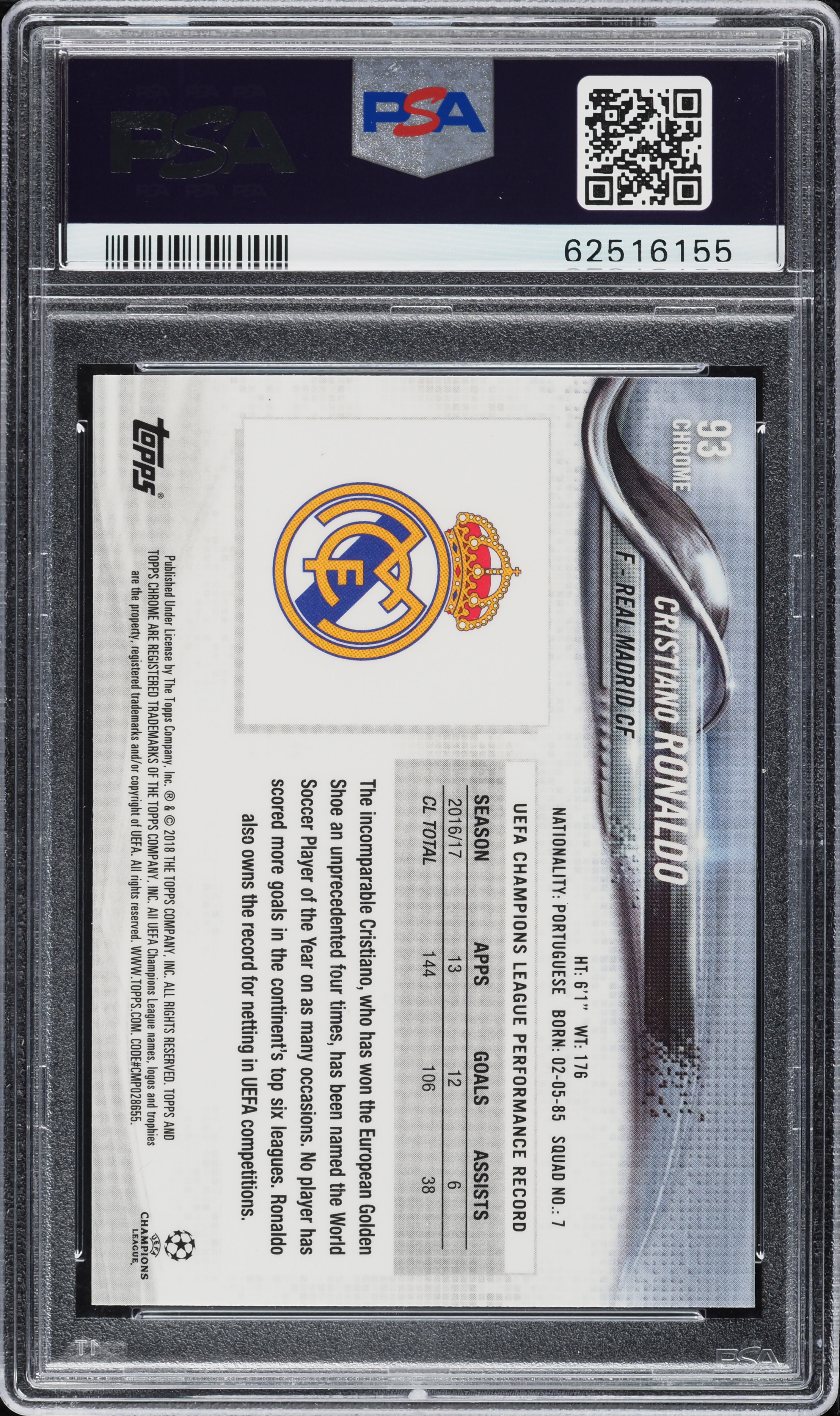 2017 Topps Chrome UEFA Champions League Cristiano Ronaldo #93 PSA