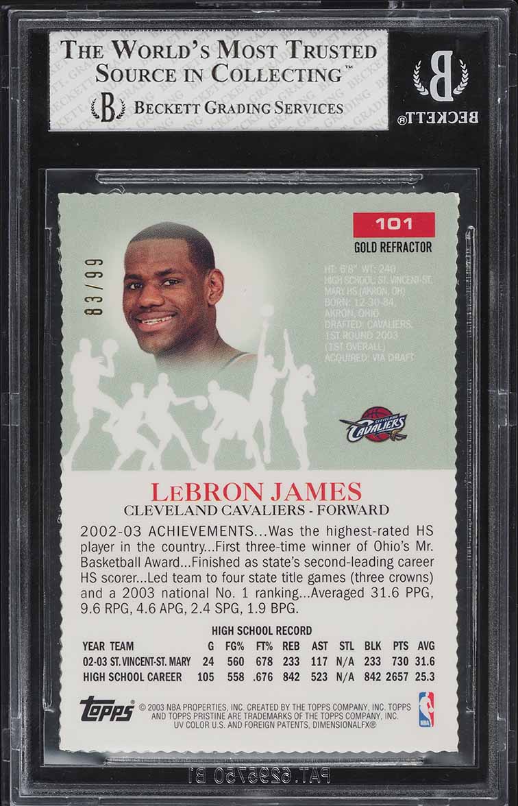 2003 Topps Pristine Gold Refractor LeBron James ROOKIE /99 #101 BGS 8 NM-MT